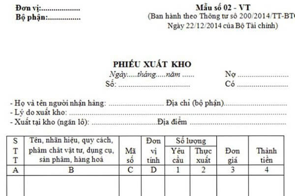 mẫu phiếu xuất kho